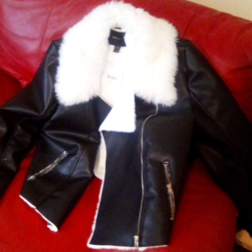 Woman's jacket: faux vegan leather, Sherpa, teddy collar